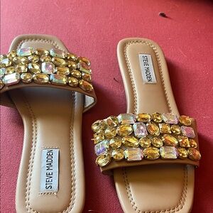 Steve Madden Jeweled Slide Sandals in Tan and Gold worn once